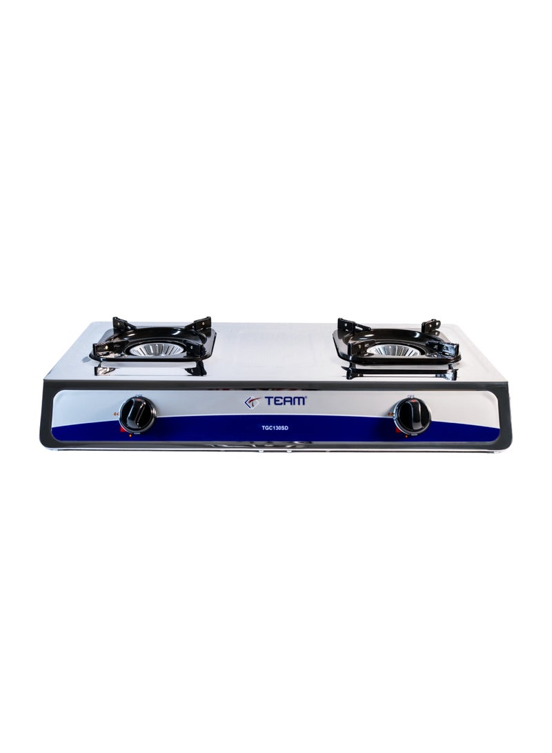 TEAM Double Burner Gas Cooker with Safety Device – Auto Ignition System, Stainless Steel Body, Whirlwind Focus Flame, High Heat Efficiency, Portable 2 Burner Gas Stove for Home & Outdoor Cooking - Image 1